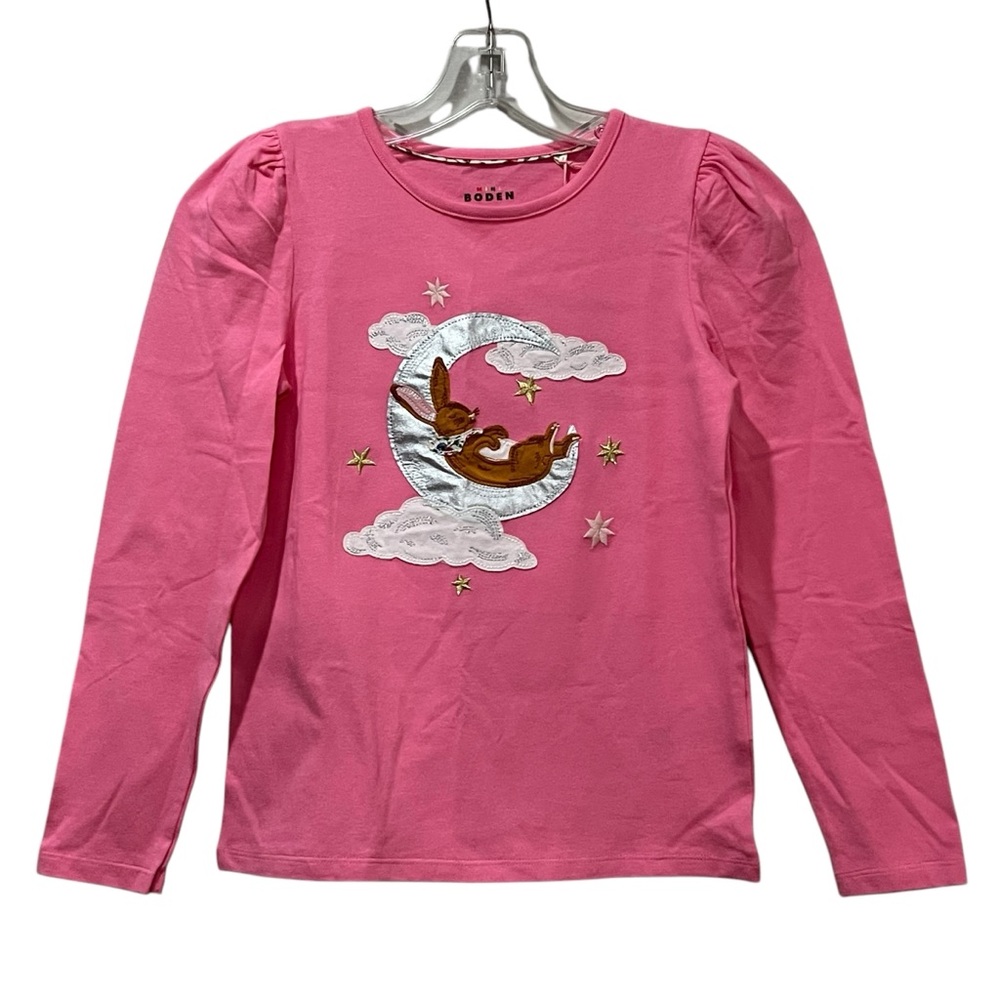 Mini Boden Kids 9/10 Sleeping Moon Bunny Pink Long Sleeve Shirt NWT